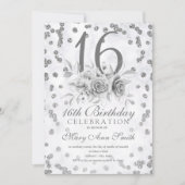 Girly Marble Glitter Silver Floral Sweet 16th Kaart (Voorkant)