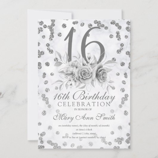 Girly Marble Glitter Silver Floral Sweet 16th Kaart (Voorkant)