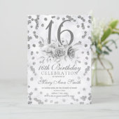 Girly Marble Glitter Silver Floral Sweet 16th Kaart (Staand voorkant)