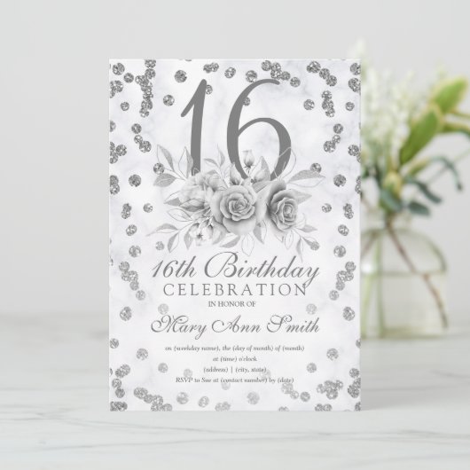 Girly Marble Glitter Silver Floral Sweet 16th Kaart (Staand voorkant)