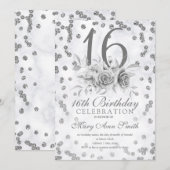 Girly Marble Glitter Silver Floral Sweet 16th Kaart (Voorkant / Achterkant)