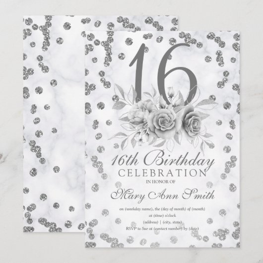 Girly Marble Glitter Silver Floral Sweet 16th Kaart (Voorkant / Achterkant)