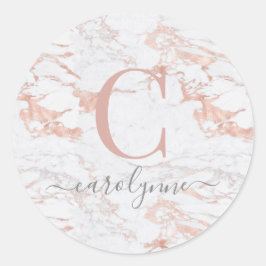 Girly Marmer en Chique Roos Gouden Folie Monogram Ronde Sticker