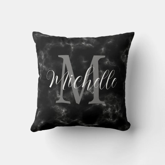 Girly marmer zwart-wit monogram en naam kussen (Achterkant)