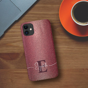 Girly Maroon-Roos Glitter Gepersonaliseerd Monogra Case-Mate iPhone Case