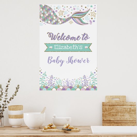 Girly Mermaid Baby shower Beach Zee Welkom Poster (Keuken)