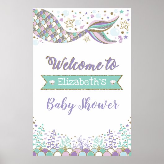 Girly Mermaid Baby shower Beach Zee Welkom Poster (Voorkant)