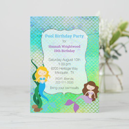 Girly Mermaid Birthday Pool Kaart (Staand voorkant)