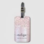 Girly Metal Roos Gold Glitter Monogram Name Script Bagagelabel (Voorkant (verticaal))