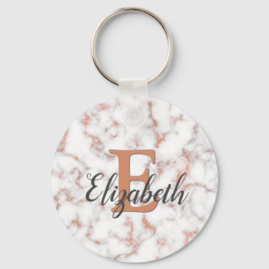Girly Metallic Copper Marble Monogram Sleutelhanger (Voorkant)