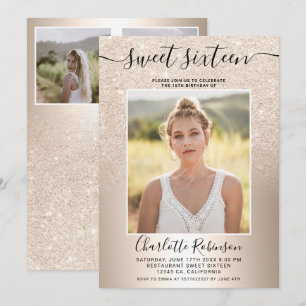 Girly metallic goud glitter ombre 3 foto Sweet 16 Kaart