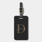 Girly Midnight Black Mossy Gold Script Monogram Bagagelabel (Voorkant verticaal)
