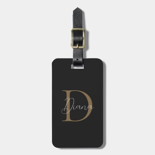Girly Midnight Black Mossy Gold Script Monogram Bagagelabel (Voorkant verticaal)