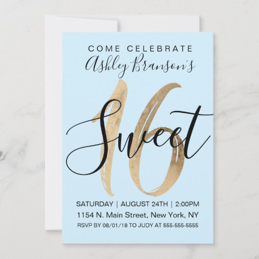 Girly Mint Blue Faux Gold Foil Sweet 16 Kaart (Voorkant)