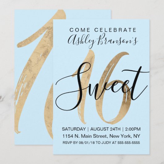 Girly Mint Blue Faux Gold Foil Sweet 16 Kaart (Voorkant / Achterkant)