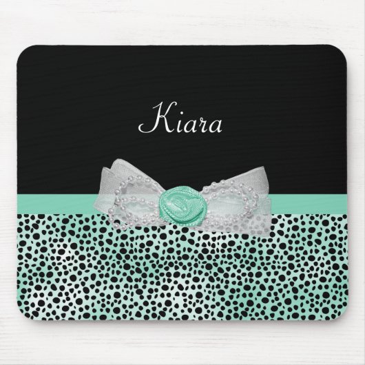Girly Mint Cheetah Print Cute Roos Bow and Name Muismat (Voorkant)