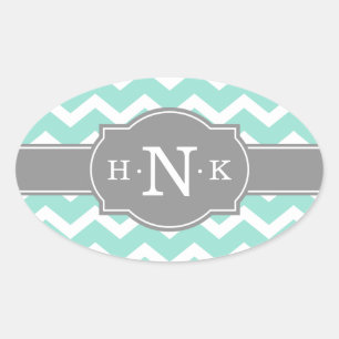 Girly Mint Chevron Gray Monogram Ovale Sticker