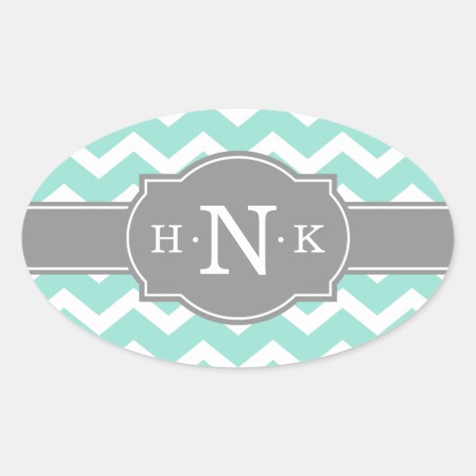 Girly Mint Chevron Gray Monogram Ovale Sticker (Voorkant)