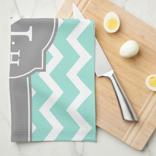 Girly Mint Chevron Gray Monogram Theedoek (Quarter Fold)