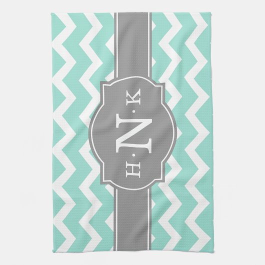 Girly Mint Chevron Gray Monogram Theedoek (Verticaal)