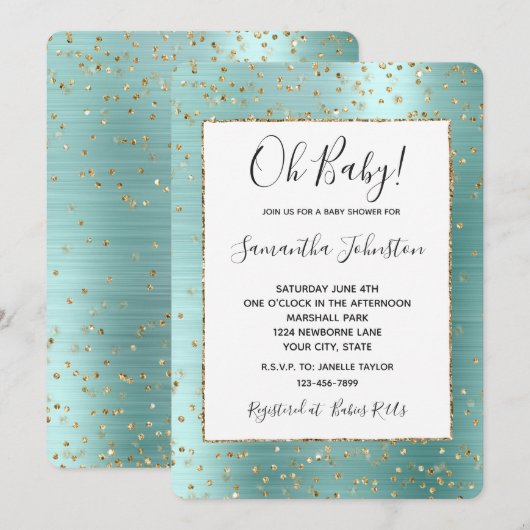 Girly Mint Glam Gold Sparkle Confetti Baby shower Kaart (Voorkant / Achterkant)