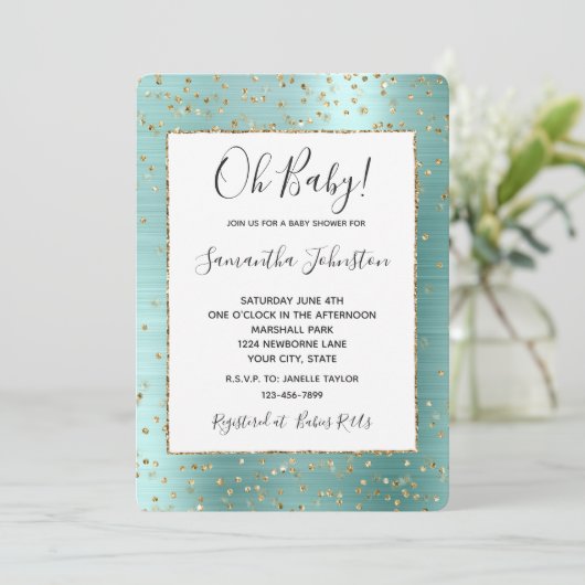 Girly Mint Glam Gold Sparkle Confetti Baby shower Kaart (Staand voorkant)