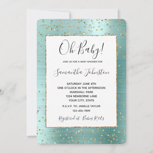 Girly Mint Glam Gold Sparkle Confetti Baby shower Kaart (Voorkant)