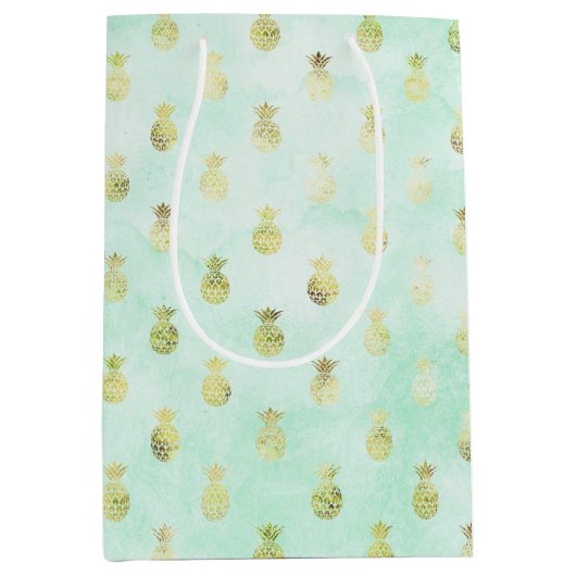 Girly Mint Glam Gold Tropische anananassen Medium Cadeauzakje (Voorkant)