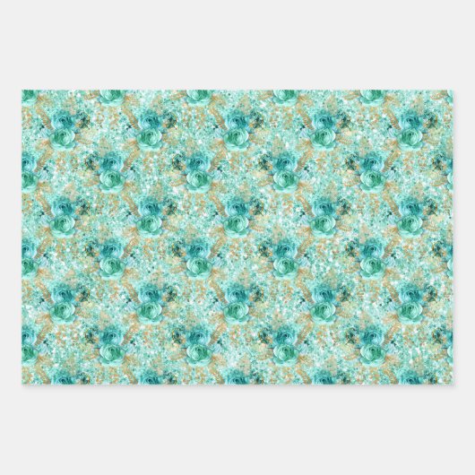 Girly Mint Gold Glitter Bloemen Inpakpapier Vel (Voorkant 3)