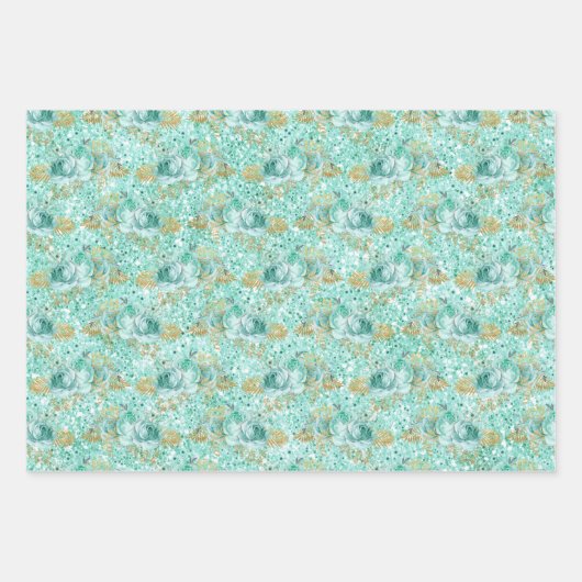 Girly Mint Gold Glitter Bloemen Inpakpapier Vel (Voorkant 2)