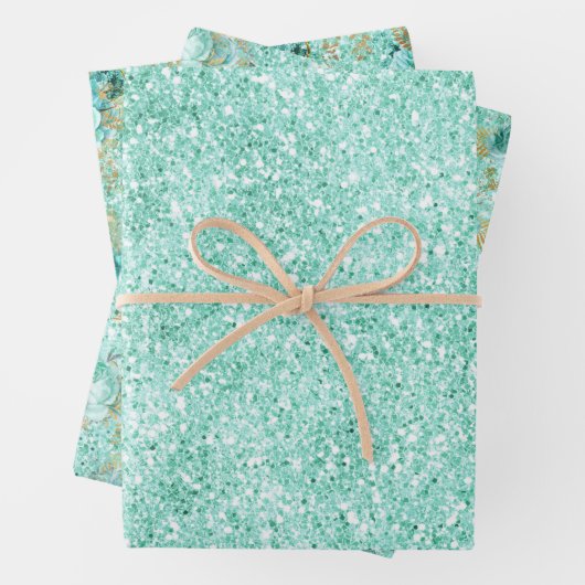 Girly Mint Gold Glitter Bloemen Inpakpapier Vel (In situ)