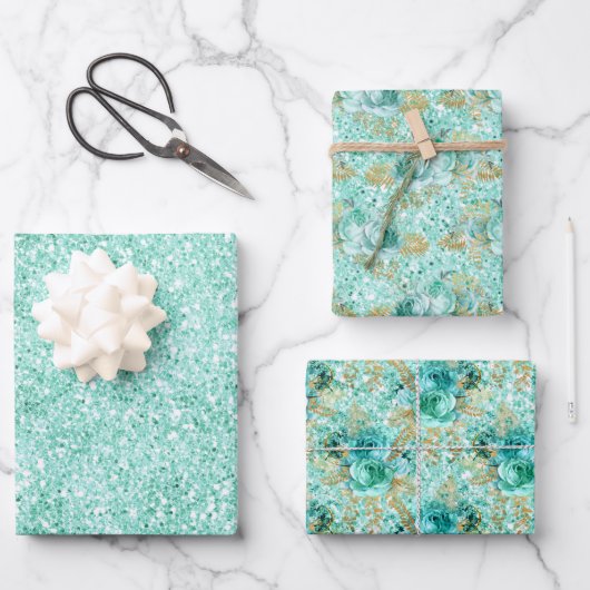 Girly Mint Gold Glitter Bloemen Inpakpapier Vel (Voorkant)