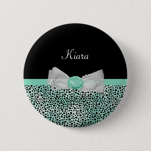 Girly Mint Green Cheetah Print Cute Bow and Name Ronde Button 5,7 Cm