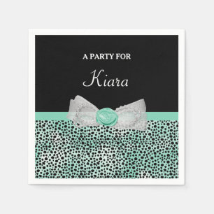 Girly Mint Green Cheetah Print Cute Bow and Name Servet