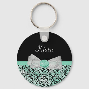 Girly Mint Green Cheetah Print Cute Bow and Name Sleutelhanger