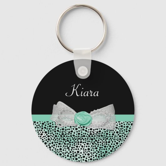 Girly Mint Green Cheetah Print Cute Bow and Name Sleutelhanger (Voorkant)