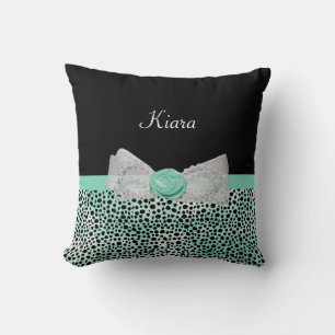 Girly Mint Green Cheetah Print Cute Bow met naam Kussen