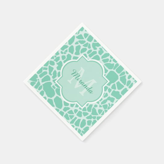 Girly Mint Green Giraffe Print Monogram en naam Servetten (Hoek)