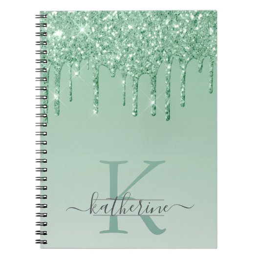 Girly Mint Green Glitter Drips Monogrammed Notitieboek (Voorkant)