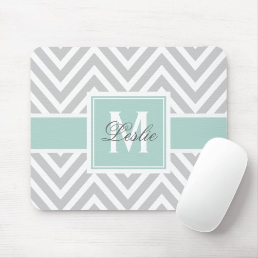 Girly Mint Green Gray Chevron Pattern Monogram Muismat (Met muis)