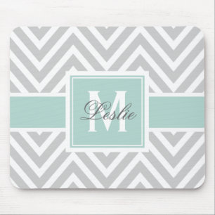 Girly Mint Green Gray Chevron Pattern Monogram Muismat