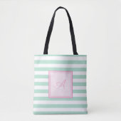 Girly Mint Green Striped, Monogram-Personalized Tote Bag (Voorkant)