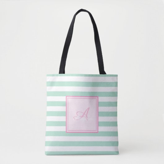 Girly Mint Green Striped, Monogram-Personalized Tote Bag (Voorkant)