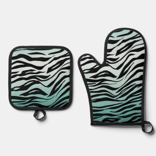 Girly Mint Ombre Zwart Zebra Print Ovenwant & Pannenlap Set (Voorkant)