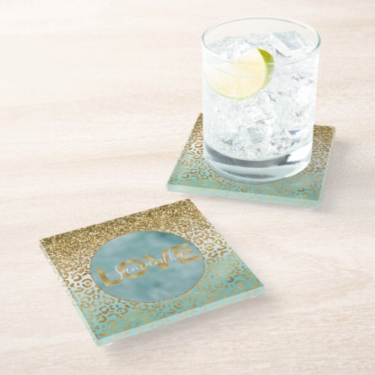 Girly Mint Waterverf Gold Leopard Print Liefde Glazen Onderzetter (Schuin)
