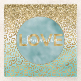 Girly Mint Waterverf Gold Leopard Print Liefde Glazen Onderzetter