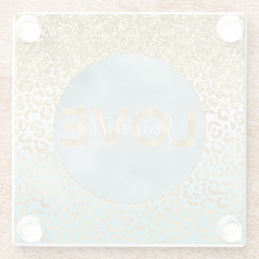Girly Mint Waterverf Gold Leopard Print Liefde Glazen Onderzetter (Achterkant)
