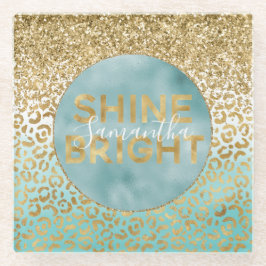 Girly Mint Waterverf Gold Leopard Print Shine Glazen Onderzetter