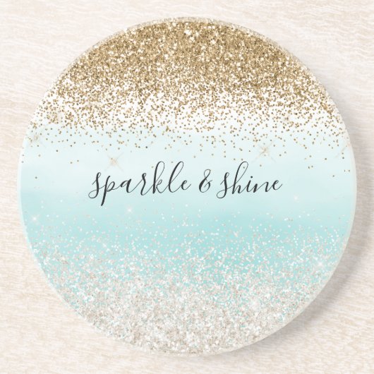 Girly Mint Waterverf Ombre Gold Glitzy Glitter Zandsteen Onderzetter (Voorkant)