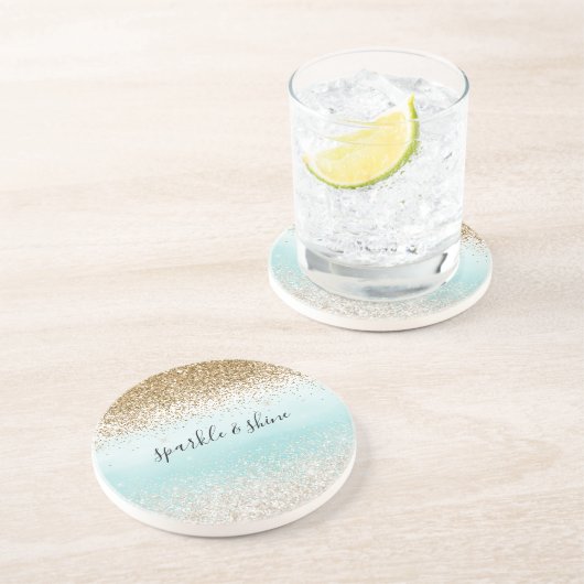 Girly Mint Waterverf Ombre Gold Glitzy Glitter Zandsteen Onderzetter (Zijkant)